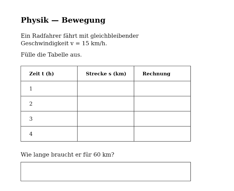 Leeres Arbeitsblatt mit einer Tabelle zu Weg und Zeit